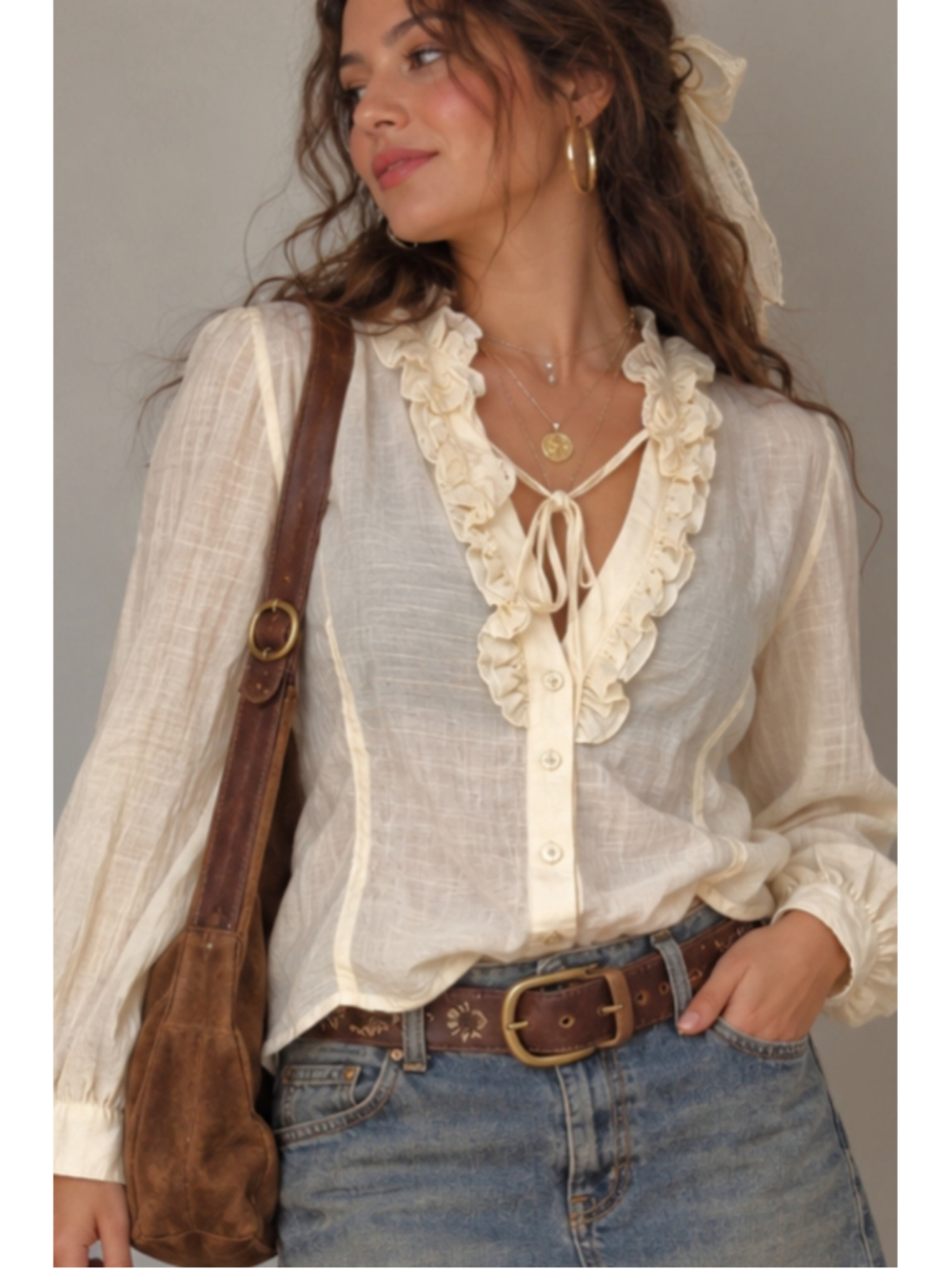 DKNY JEANS Vintage Edwardian Ivory Ruffle Blouse Tencel Silk-Feel Top Size L
